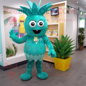 Teal Pineapple mascot costume character dressed with a Playsuit and Watches