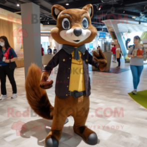 Brown Marten mascot costume character dressed with a Skinny Jeans and Ties