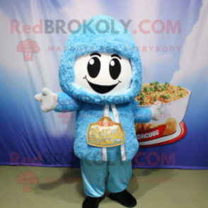 Sky Blue Fried Rice mascot costume character dressed with a Jacket and Necklaces
