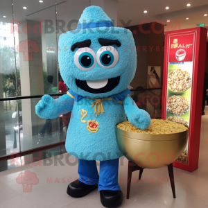 Sky Blue Fried Rice mascot costume character dressed with a Jacket and Necklaces