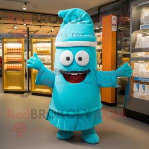 Turquoise Lasagna mascot costume character dressed with a Cover-up and Berets