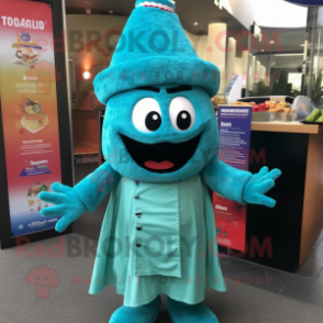 Turquoise Lasagna mascot costume character dressed with a Cover-up and Berets