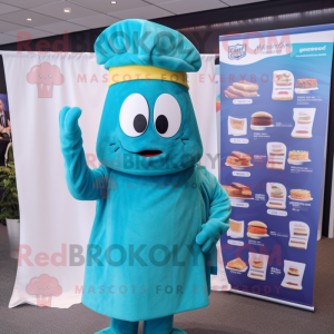Turquoise Lasagna mascot costume character dressed with a Cover-up and Berets