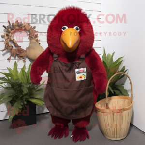 Maroon Kiwi mascot costume character dressed with a Overalls and Shawl pins