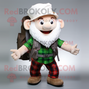 White Leprechaun mascot costume character dressed with a Flannel Shirt and Backpacks