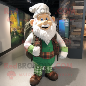 White Leprechaun mascot costume character dressed with a Flannel Shirt and Backpacks