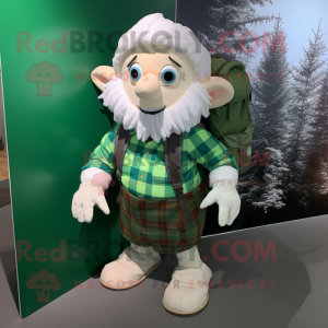 White Leprechaun mascot costume character dressed with a Flannel Shirt and Backpacks