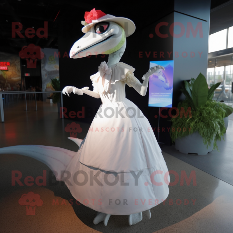 White Dimorphodon mascot costume character dressed with a Ball Gown and Berets