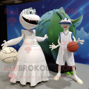 White Dimorphodon mascot costume character dressed with a Ball Gown and Berets