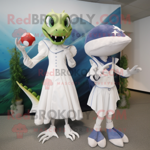 White Dimorphodon mascot costume character dressed with a Ball Gown and Berets