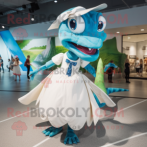 White Dimorphodon mascot costume character dressed with a Ball Gown and Berets