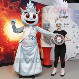 Silver Fire Eater mascot costume character dressed with a Midi Dress and Smartwatches