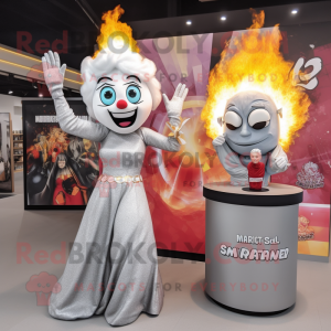 Silver Fire Eater mascot costume character dressed with a Midi Dress and Smartwatches