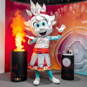 Silver Fire Eater mascot costume character dressed with a Midi Dress and Smartwatches