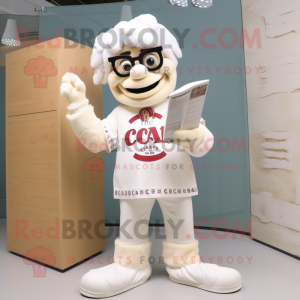 Cream Chief mascot costume character dressed with a T-Shirt and Reading glasses