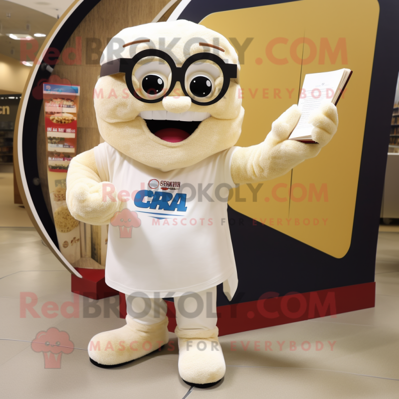 Cream Chief mascot costume character dressed with a T-Shirt and Reading glasses