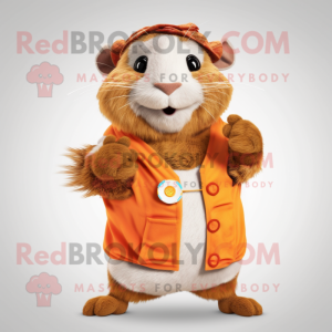 Brown Guinea Pig mascot costume character dressed with a Jumpsuit and Bracelets