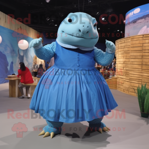 Blue Glyptodon mascot costume character dressed with a A-Line Skirt and Wraps