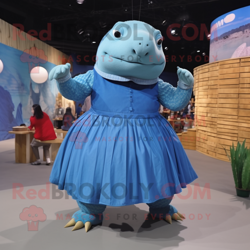 Blue Glyptodon mascot costume character dressed with a A-Line Skirt and Wraps Blue Glyptodon mascot costume character dressed with a A-Line Skirt and Wraps