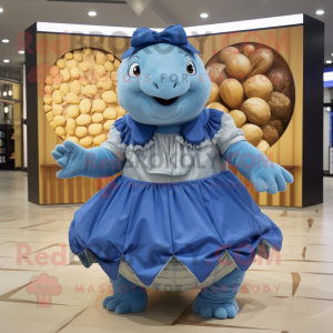 Blue Glyptodon mascot costume character dressed with a A-Line Skirt and Wraps