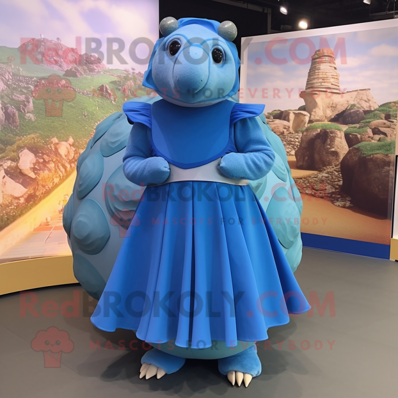 Blue Glyptodon mascot costume character dressed with a A-Line Skirt and Wraps