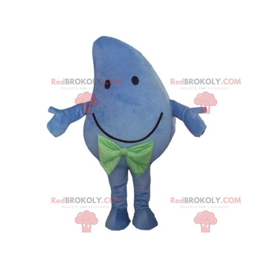 Mascota de mango azul gigante y sonriente, traje azul -