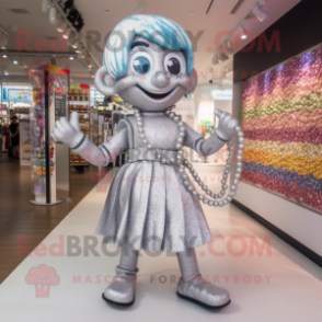 Silver Candy mascot costume character dressed with a Dress and Bracelets