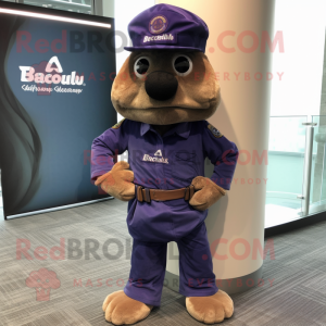 Purple Navy Seal mascot costume character dressed with a Bootcut Jeans and Hats