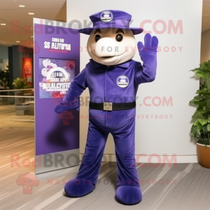 Purple Navy Seal mascot costume character dressed with a Bootcut Jeans and Hats