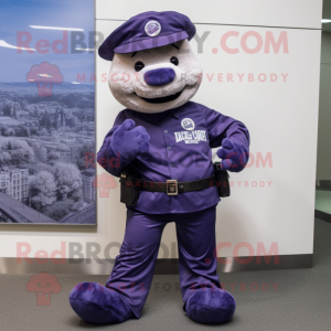 Purple Navy Seal mascot costume character dressed with a Bootcut Jeans and Hats