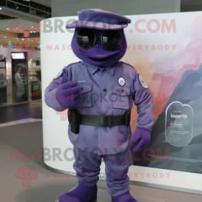 Purple Navy Seal mascot costume character dressed with a Bootcut Jeans and Hats