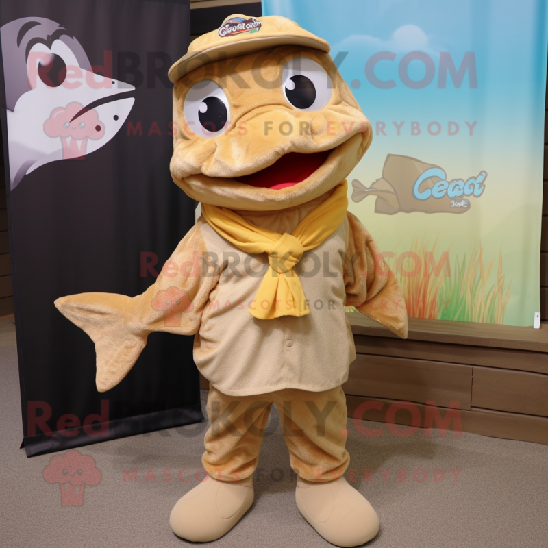 Tan Cod mascot costume character dressed with a Romper and Scarf clips