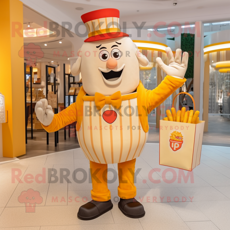 Cream French Fries mascot costume character dressed with a Romper and Handbags Cream French Fries mascot costume character dressed with a Romper and Handbags