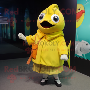 Yellow Tuna mascot costume character dressed with a Coat and Clutch bags