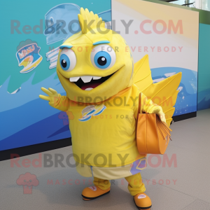 Yellow Tuna mascot costume character dressed with a Coat and Clutch bags