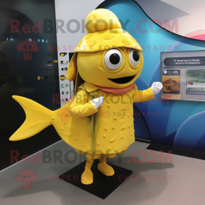 Yellow Tuna mascot costume character dressed with a Coat and Clutch bags