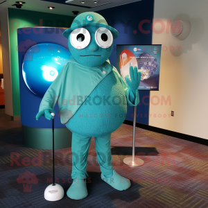 Teal Golf Ball mascot costume character dressed with a Cover-up and Coin purses