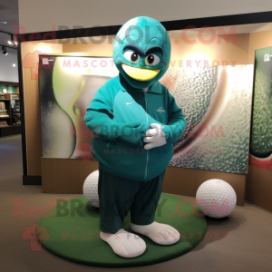 Teal Golf Ball mascot costume character dressed with a Cover-up and Coin purses