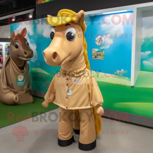 Tan Horse mascot costume character dressed with a Raincoat and Necklaces