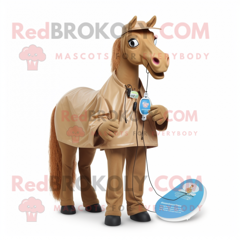 Tan Horse mascot costume character dressed with a Raincoat and Necklaces