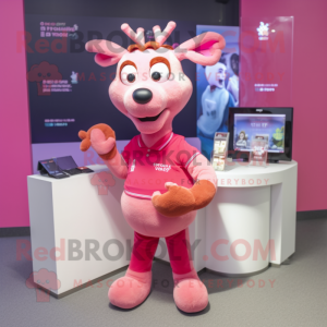 Pink Reindeer mascot costume character dressed with a Polo Shirt and Wallets