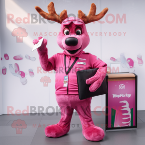 Pink Reindeer mascot costume character dressed with a Polo Shirt and Wallets