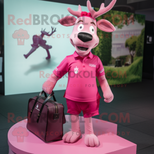 Pink Reindeer mascot costume character dressed with a Polo Shirt and Wallets