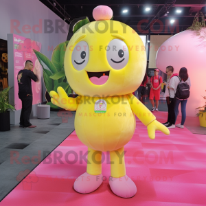 Lemon Yellow Pink mascot costume character dressed with a Bodysuit and Foot pads