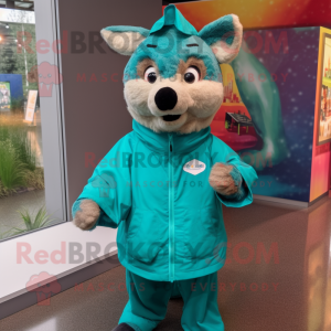 Teal Dingo mascot costume character dressed with a Raincoat and Headbands