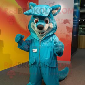 Teal Dingo mascot costume character dressed with a Raincoat and Headbands