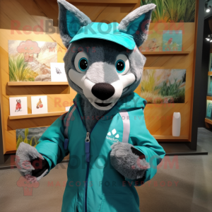Teal Dingo mascot costume character dressed with a Raincoat and Headbands