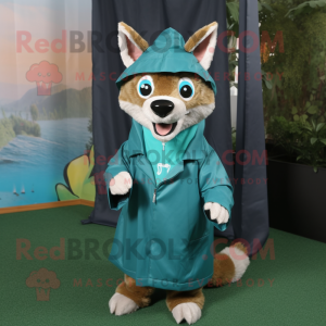 Teal Dingo mascot costume character dressed with a Raincoat and Headbands