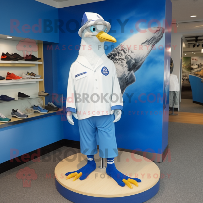 Blue Gull mascot costume character dressed with a Cover-up and Shoe clips Blue Gull mascot costume character dressed with a Cover-up and Shoe clips