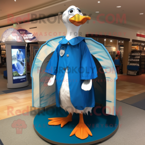 Blue Gull mascot costume character dressed with a Cover-up and Shoe clips